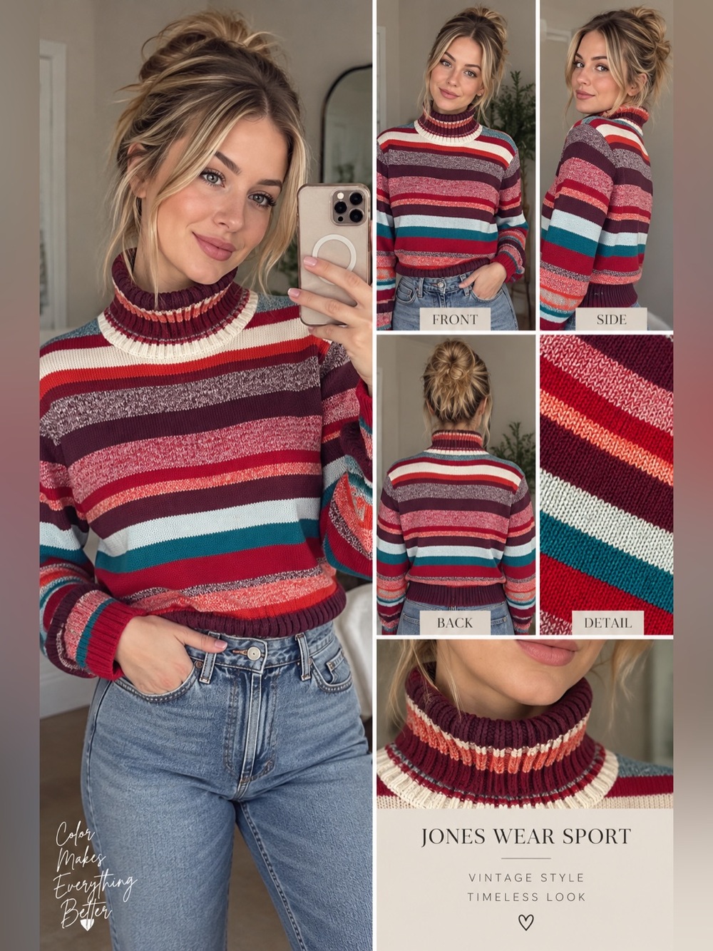 Jones Wear Women's Multi-Stripe Turtleneck Sweater - Burgundy/Teal